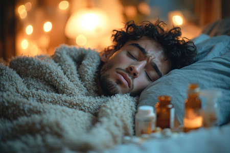 young man take medicine. self-medication. guy is being treated at home with pills. Headache. insomnia, sleep problems.の素材