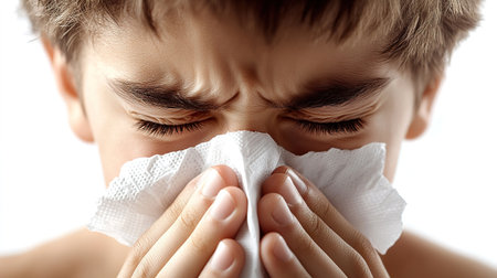 Toddler boy with sick look blowing her nose in the napkin, health and care concept, indoor portrait.の素材