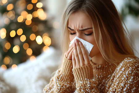 Young sad displeased upset woman wear hold napkin blowing nose isolated on plain background studio portrait Healthy lifestyle ill sick disease treatment cold season concept. The girl sneezes into a handkerchief.の素材