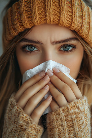 Young sad displeased upset woman wear hold napkin blowing nose isolated on plain background studio portrait Healthy lifestyle ill sick disease treatment cold season concept. The girl sneezes into a handkerchief.の素材