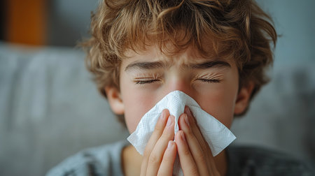 Toddler boy with sick look blowing her nose in the napkin, health and care concept, indoor portrait.の素材
