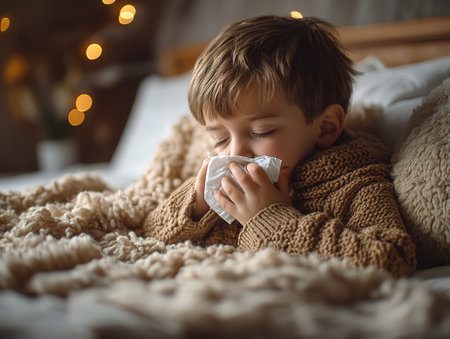 Toddler boy with sick look blowing her nose in the napkin, health and care concept, indoor portrait.の素材