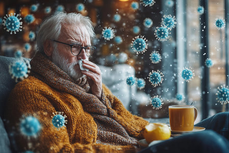 An elderly man is not feeling well, sitting at home on the sofa covered with a blanket, holding a cup with a drink in his hands and wiping his nose with a napkin from a runny nose.の素材