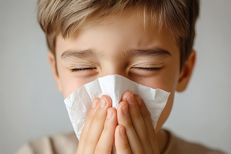 Toddler boy with sick look blowing her nose in the napkin, health and care concept, indoor portrait.の素材