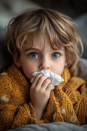 Toddler boy with sick look blowing her nose in the napkin, health and care concept, indoor portrait.の素材