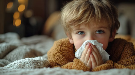 Toddler boy with sick look blowing her nose in the napkin, health and care concept, indoor portrait.の素材