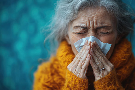 Cold. Portrait of a sad old woman, runny nose. An elderly woman has the flu and snows from a seasonal viral problem. Fever and cold in the elderly with flu.の素材