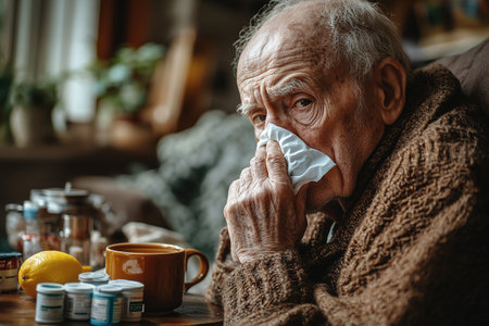 An elderly man is not feeling well, sitting at home on the sofa covered with a blanket, holding a cup with a drink in his hands and wiping his nose with a napkin from a runny nose.の素材