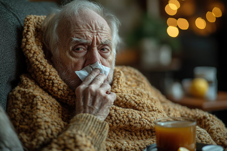 An elderly man is not feeling well, sitting at home on the sofa covered with a blanket, holding a cup with a drink in his hands and wiping his nose with a napkin from a runny nose.の素材