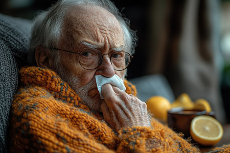 An elderly man is not feeling well, sitting at home on the sofa covered with a blanket, holding a cup with a drink in his hands and wiping his nose with a napkin from a runny nose.の素材