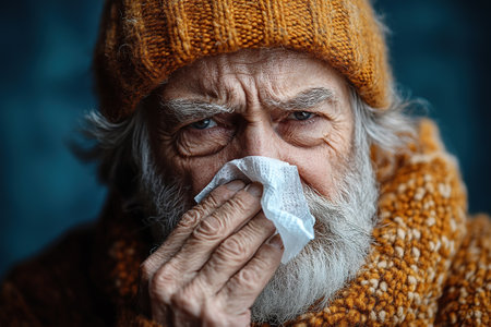 An elderly man is not feeling well, sitting at home on the sofa covered with a blanket, holding a cup with a drink in his hands and wiping his nose with a napkin from a runny nose.の素材