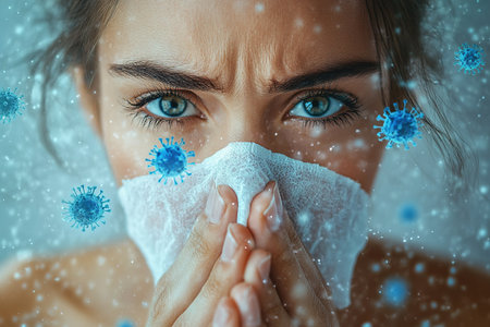 Young sad displeased upset woman wear hold napkin blowing nose isolated on plain background studio portrait Healthy lifestyle ill sick disease treatment cold season concept. The girl sneezes into a handkerchief.の素材