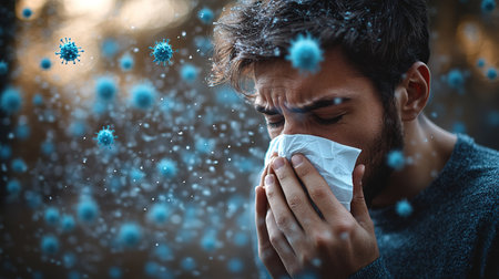 Young man sneezing and having a runny nose allergy sitting on a bench in the daytime outside an office building, hispanic businessman sick with a tissue near his nose.の素材