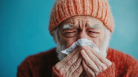 An elderly man is not feeling well, sitting at home on the sofa covered with a blanket, holding a cup with a drink in his hands and wiping his nose with a napkin from a runny nose.の素材