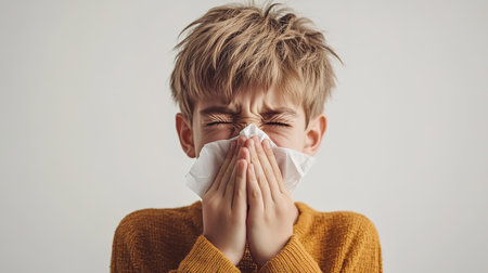 Toddler boy with sick look blowing her nose in the napkin, health and care concept, indoor portrait.の素材