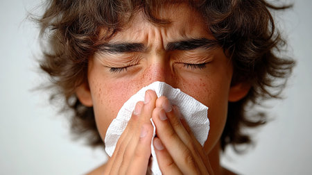Toddler boy with sick look blowing her nose in the napkin, health and care concept, indoor portrait.の素材