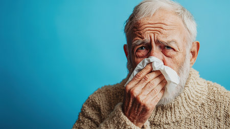 An elderly man is not feeling well, sitting at home on the sofa covered with a blanket, holding a cup with a drink in his hands and wiping his nose with a napkin from a runny nose.の素材