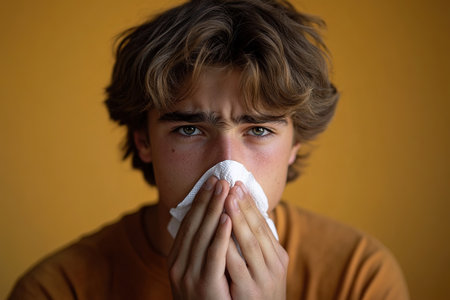Young man sneezing and having a runny nose allergy sitting on a bench in the daytime outside an office building, hispanic businessman sick with a tissue near his nose.の素材