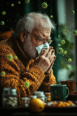 An elderly man is not feeling well, sitting at home on the sofa covered with a blanket, holding a cup with a drink in his hands and wiping his nose with a napkin from a runny nose.の素材