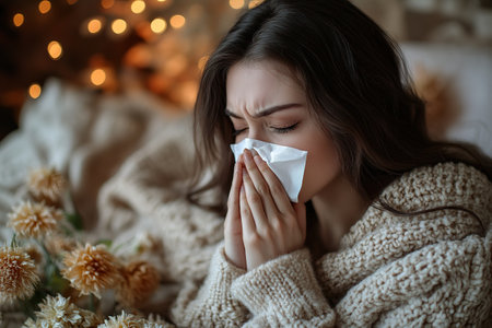 Young sad displeased upset woman wear hold napkin blowing nose isolated on plain background studio portrait Healthy lifestyle ill sick disease treatment cold season concept. The girl sneezes into a handkerchief.の素材