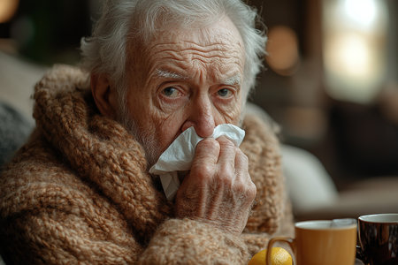 An elderly man is not feeling well, sitting at home on the sofa covered with a blanket, holding a cup with a drink in his hands and wiping his nose with a napkin from a runny nose.の素材