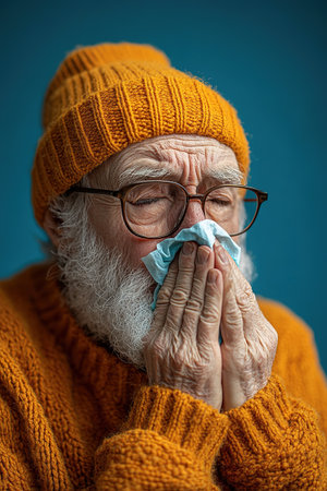 An elderly man is not feeling well, sitting at home on the sofa covered with a blanket, holding a cup with a drink in his hands and wiping his nose with a napkin from a runny nose.の素材