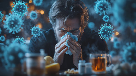Young man sneezing and having a runny nose allergy sitting on a bench in the daytime outside an office building, hispanic businessman sick with a tissue near his nose.の素材
