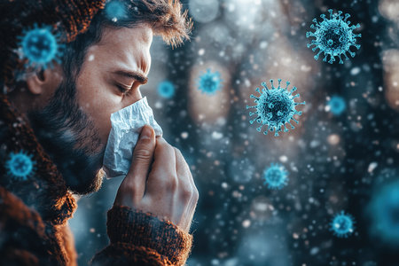 Young man sneezing and having a runny nose allergy sitting on a bench in the daytime outside an office building, hispanic businessman sick with a tissue near his nose.の素材