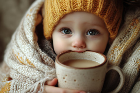 kid with flu or covid illness sleep in bed under blanket with concerned mother on bedside. Child cure at home and parent health care concept.の素材