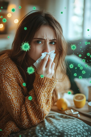 Young sad displeased upset woman wear hold napkin blowing nose isolated on plain background studio portrait Healthy lifestyle ill sick disease treatment cold season concept. The girl sneezes into a handkerchief.の素材