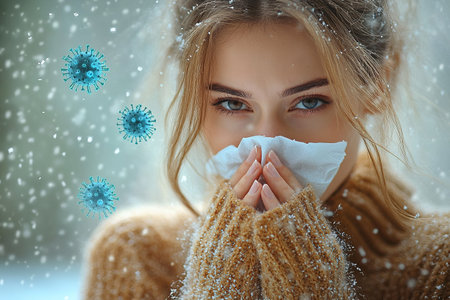 Young sad displeased upset woman wear hold napkin blowing nose isolated on plain background studio portrait Healthy lifestyle ill sick disease treatment cold season concept. The girl sneezes into a handkerchief.の素材