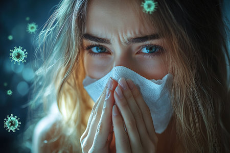 Young sad displeased upset woman wear hold napkin blowing nose isolated on plain background studio portrait Healthy lifestyle ill sick disease treatment cold season concept. The girl sneezes into a handkerchief.の素材