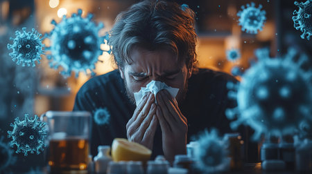 Young man sneezing and having a runny nose allergy sitting on a bench in the daytime outside an office building, hispanic businessman sick with a tissue near his nose.の素材