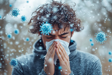 Young man sneezing and having a runny nose allergy sitting on a bench in the daytime outside an office building, hispanic businessman sick with a tissue near his nose.の素材