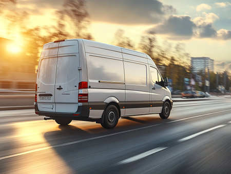 White modern delivery small shipment cargo courier van moving fast on motorway road to city urban suburb.の素材