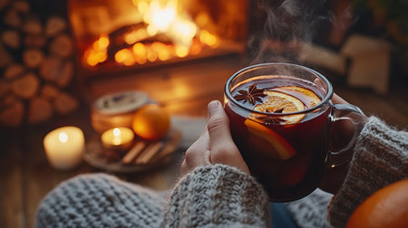 A cup with mulled wine against the background of a fireplace and fire in the hands of a girl in a white sweater.の素材