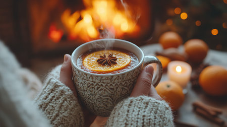 A cup with mulled wine against the background of a fireplace and fire in the hands of a girl in a white sweater.の素材