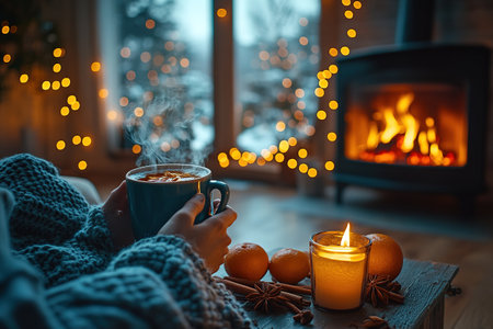A cup with mulled wine against the background of a fireplace and fire in the hands of a girl in a white sweater.の素材