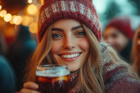Friends drinking delicious mulled wine at party. Shot of a group of cheerful young friends having fun and hot enjoying drink on the Christmas market at an evening party. Close up.の素材