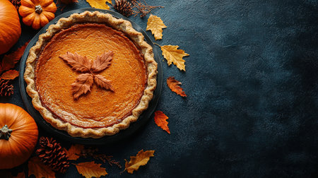Pumpkin Pie with whipped cream and cinnamon on rustic background, top view. Homemade pastry for Thanksgiving traditional Pumpkin Pie.の素材