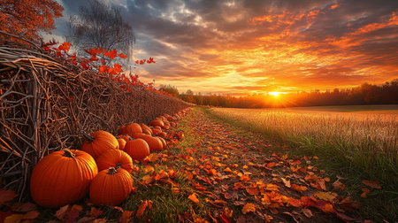 A spooky Halloween pumpkin field with a moody sky. Photo composite.の素材