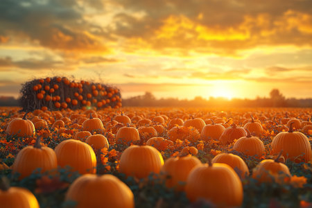 A spooky Halloween pumpkin field with a moody sky. Photo composite.の素材