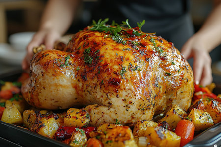 Woman turkey taking out of oven on a kitchen background. Roasted, traditional turkey cooking. Christmas turkey. A woman takes a festive chicken or turkey out of the oven on Thanksgiving day.の素材