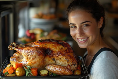 Woman turkey taking out of oven on a kitchen background. Roasted, traditional turkey cooking. Christmas turkey. A woman takes a festive chicken or turkey out of the oven on Thanksgiving day.の素材