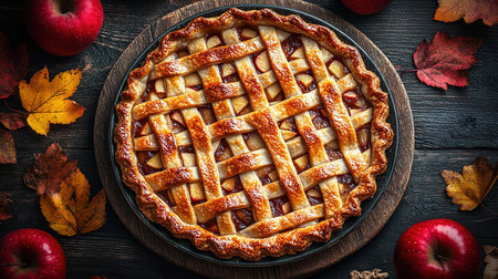 Apple pie decorated with lattice overhead shot, fall baking concept.の素材