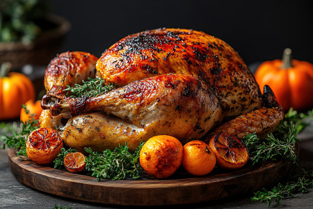 Roasted Turkey: Succulent turkey roasted to perfection with crispy skin, often served with gravy and stuffing, a holiday favorite. Top view with copy space.の素材