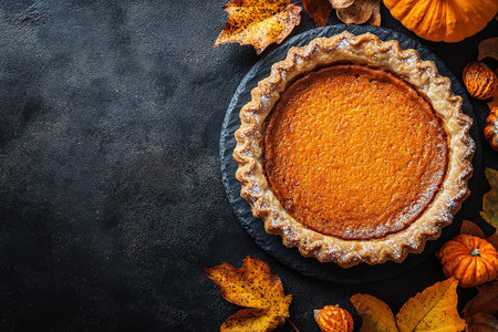 Pumpkin Pie with whipped cream and cinnamon on rustic background, top view. Homemade pastry for Thanksgiving traditional Pumpkin Pie.の素材