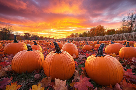 A spooky Halloween pumpkin field with a moody sky. Photo composite.の素材