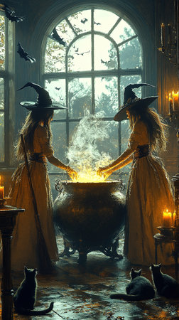 Halloween night background. The witch is brewing a potion in a cauldron on the background of a full moon over the castle.の素材