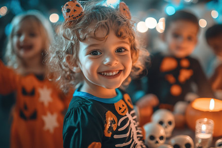 Kids trick or treat in Halloween costume. Happy Halloween. three running kids with a basket for sweets.の素材
